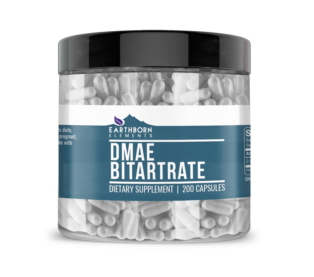 Earthborn Elements DMAE Bitartrate 200 Capsules, Pure & Undiled, No Wordss