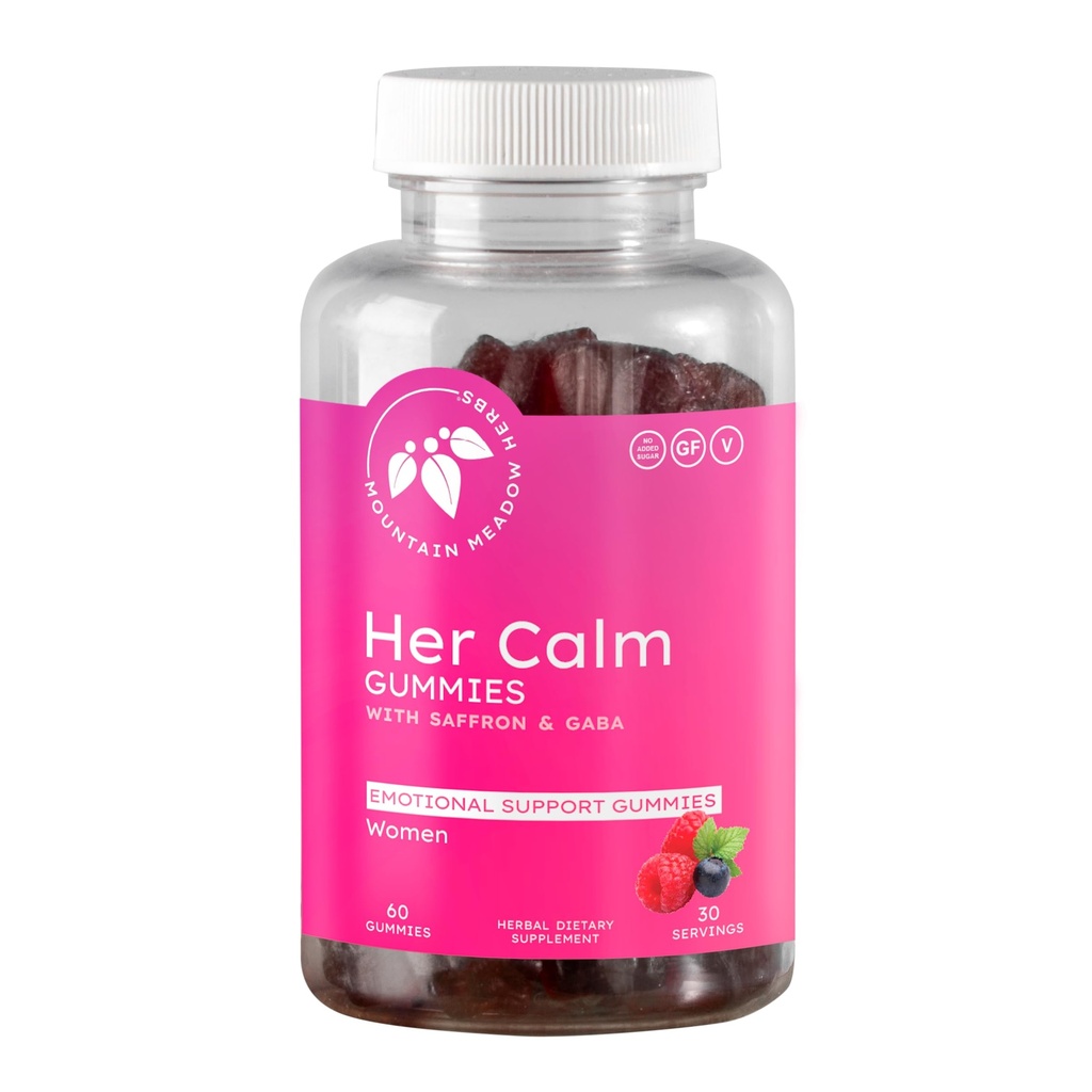 Mountain Meadow Herbs Her Calm Gummies – Doğal Mood Destek Saffron, Passion Flower, St. John's Wort, GABA – Kadınlar için Stresli Yardım Supplement – 60 ct