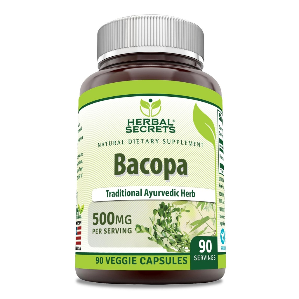 Herbal Sırları Bacopa Toz 500 Mg 90 Veggie Capsules Supplement | Non-GMO | Gluten Free | Made in USA