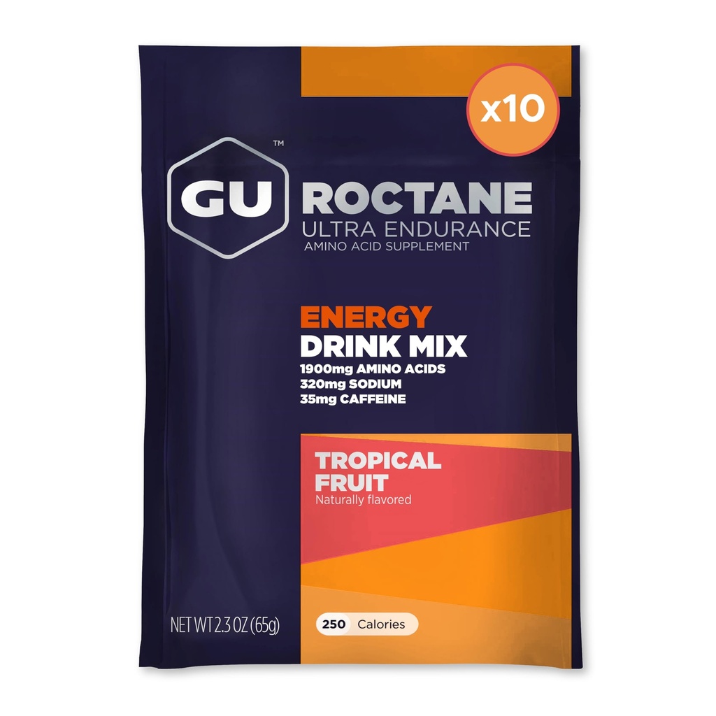 GU Energy Roctane Ultra Endurance Energy Drink Mix, Vegan, Gluten-Free, Kosher, 35 mg of Caffeine ve Süt-Free n-the-Go Energy for Any Workout, 10 Single-Serving Packets, Tropikal Meyve