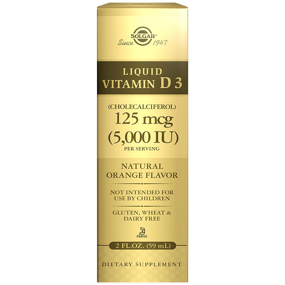 Solgar Sıvı Vitamin D3 125 mcg (5,000 IU), 2 fl oz - Delicious, Natural Orange Flavor - Sağlıklı Kemikler ve Dişler - Immune System Support - Gluten Free, Dairy Free, Kosher - 59 Servisler