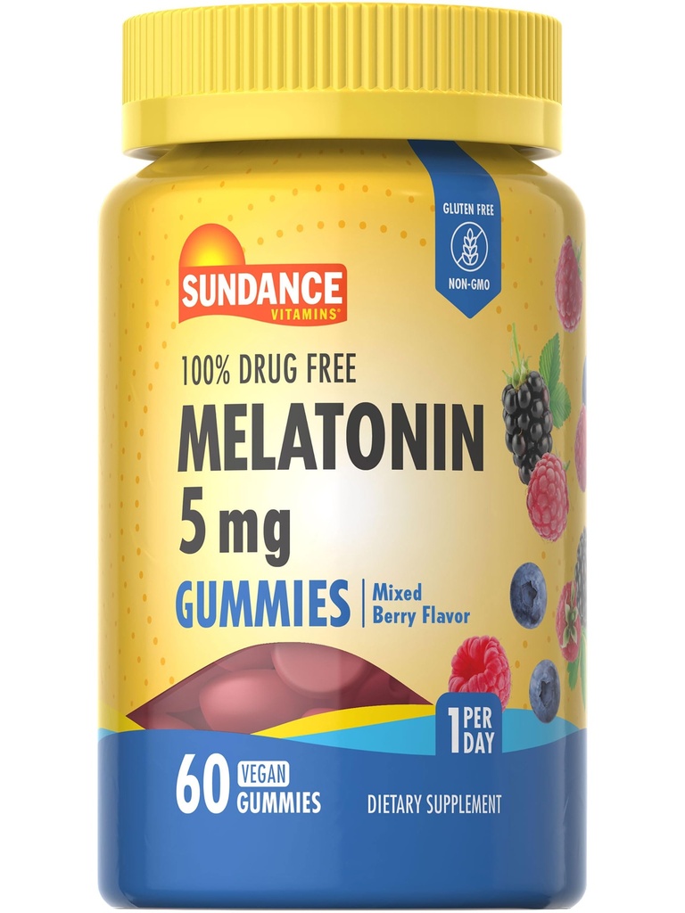 Sundance Melatonin Gummies 5mg | 60 Count | Mixed Berry Flavor | Vegan, Non-GMO & Gluten Free Supplement for Adults