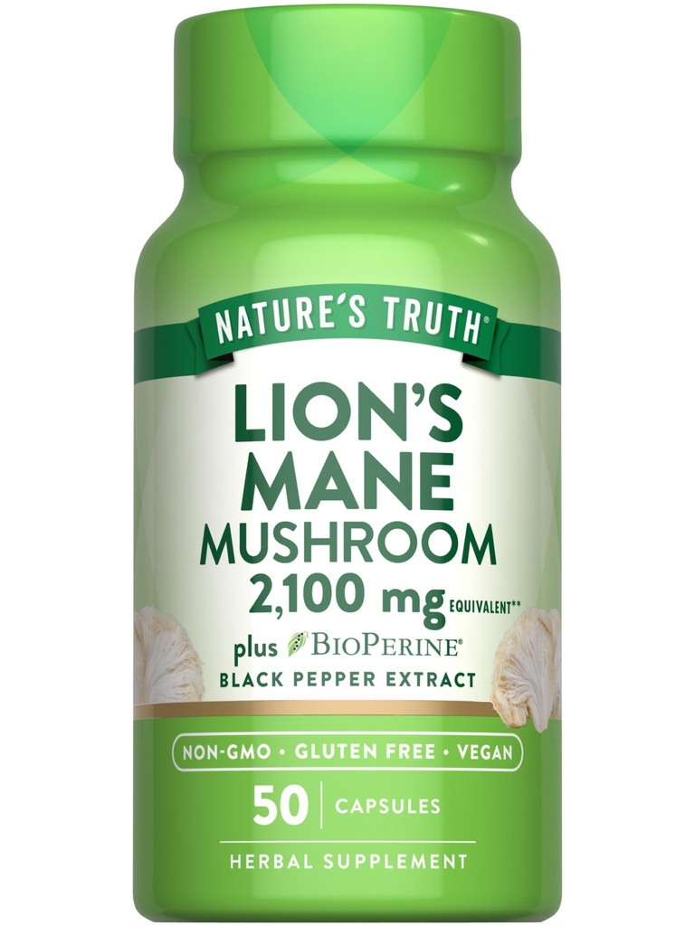 Nature's Truth Lions Mane Supplement Capsules | 2100 mg | 50 Kont | BioPerine | Vegan, Non GMO & Gluten Free Extract Formula Formula