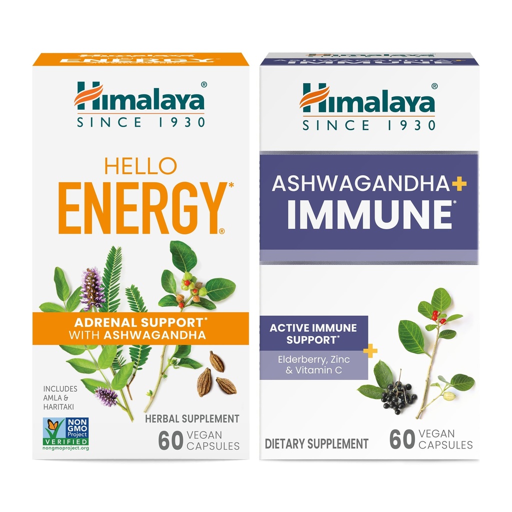 Himalaya Merhaba Enerji, Adrenal Destek ve Günlük Enerji ve Ashwagandha +Immune Support için C vitamini ile En İyi Immune Desteği, 60 Capsules Her - Scherenal Support & Daily Energy and & Ashwagandha +Immune with Vitamin C for Active Immune Support, 60 Capsules