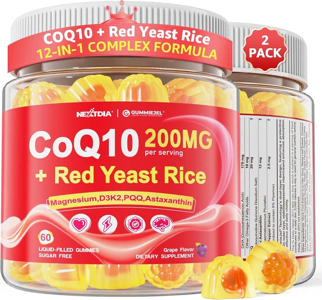 Yetişkinler için CoQ10 Gummies - Sugar Free CoQ10 100 mg/200 mg w / Magnezyum, Ashwagandha, Me6, Black Pepper, High Abxia CoQ10 Supplement - Energy, Antioxy, Relax & Bone,2Pack
