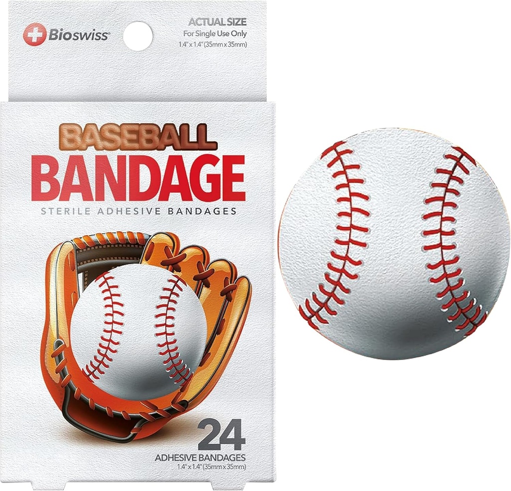 BioSwiss Kids Bandages, Beyzbol Kendi Yapıştırıcı Bandage Setini, Latex Free, Sterile Yara Bakımı, 24 Count