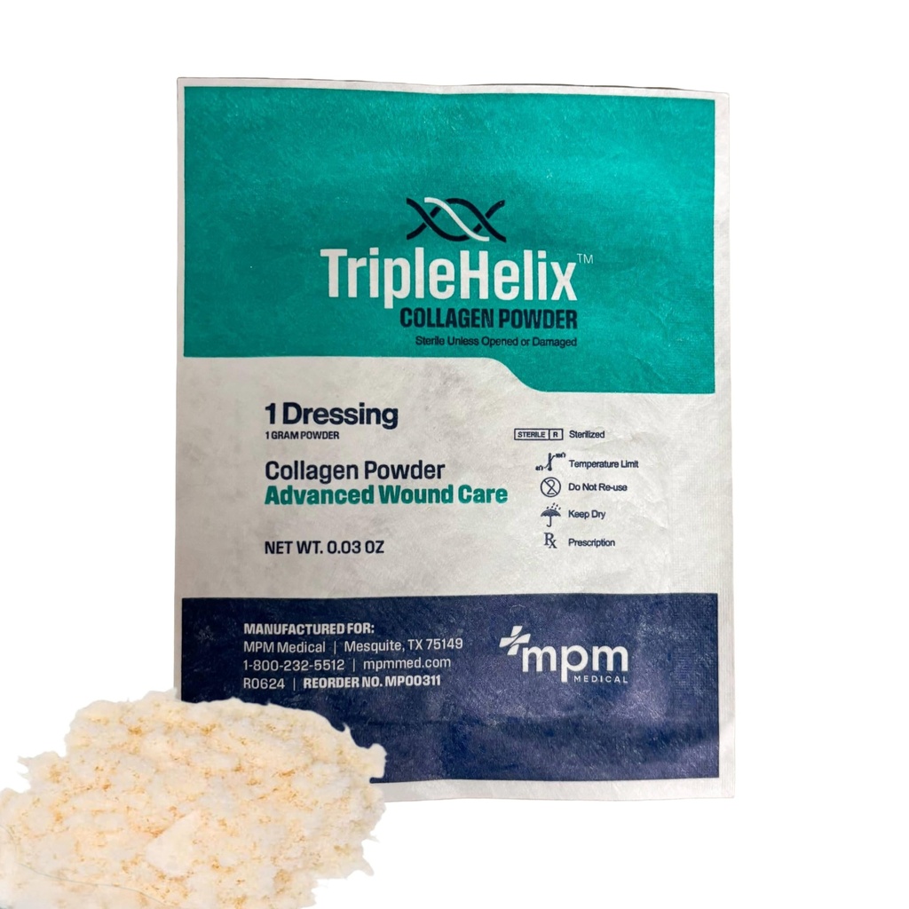 TripleHelix Collagen Powder for Wounds, Type I Bovine, Diabetic, Pressure | 100% Type I non-hydrolyzed bovine collagen. Also for surgical wounds, burns, cuts & abrasions.