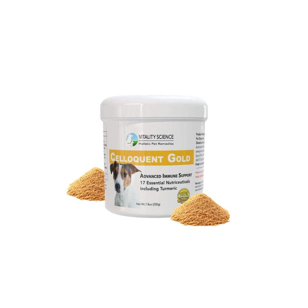 Vitality Science Celloquent Gold for Dogs | Holistic Advanced Immune Support Supplement | 17 Proven Malzemeler | Auto Immune, Vomiting and Diarrhea, Depresyon (220g)