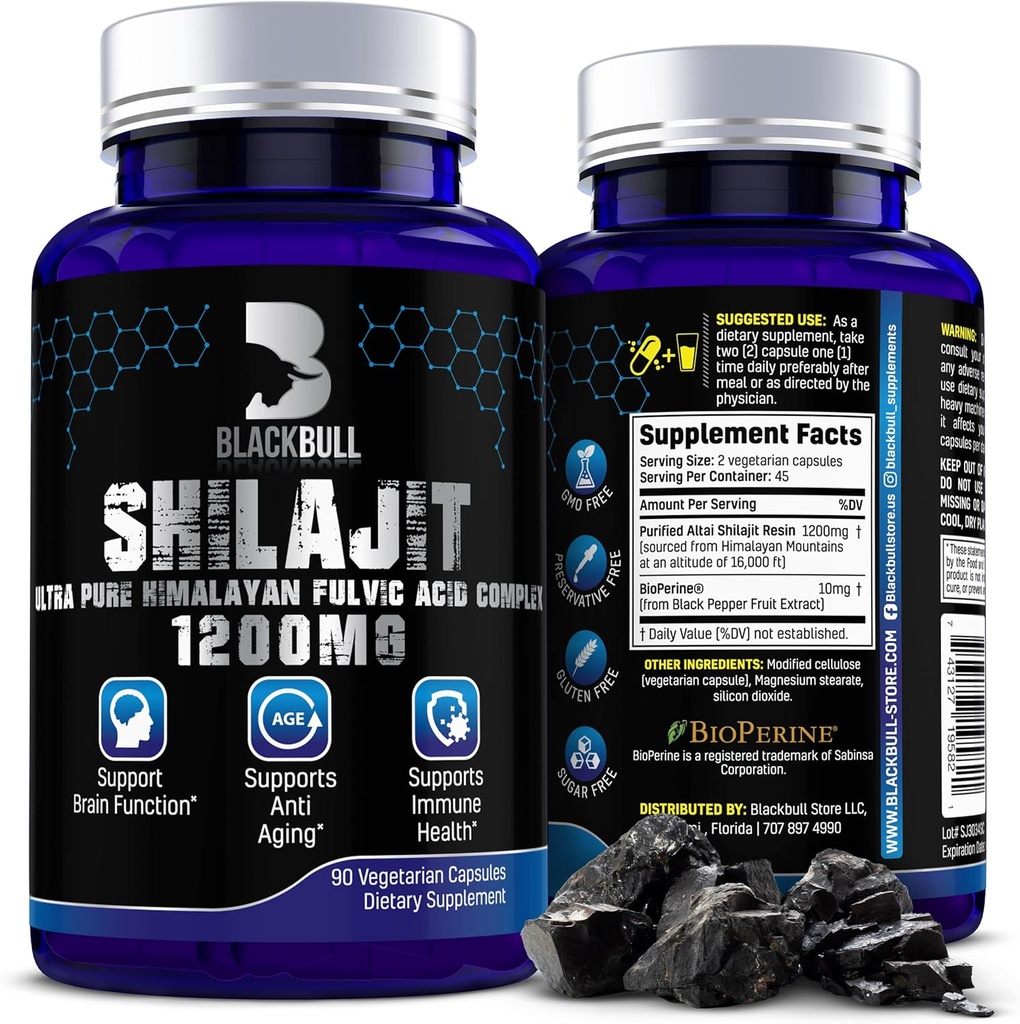 Blackbull Shilajit Pure Himalayan Organic Capsules - Natural Shilajitwear Organic% 20 Fulvic Acid Supplement, Brain Health, Aging Immune Support - Pure Himalaya Shilajit