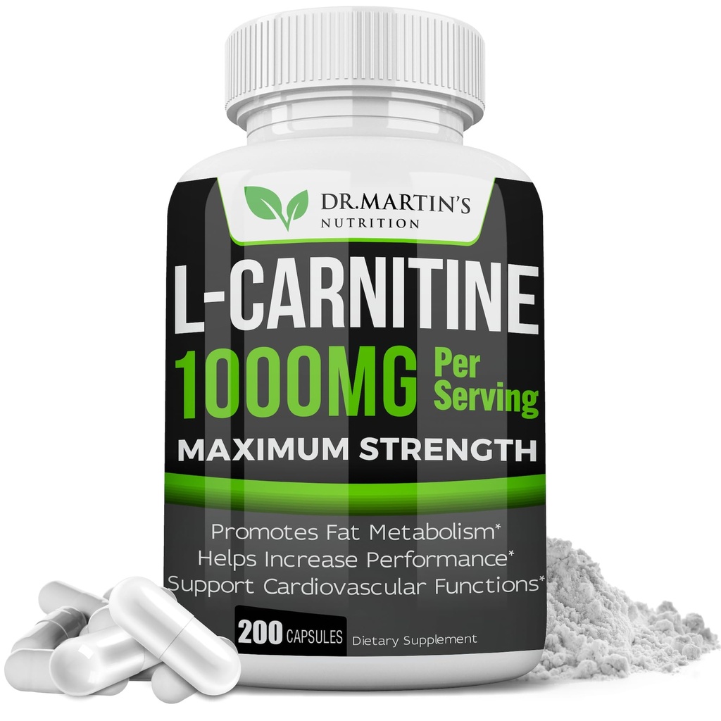 DR. MARTIN'S NUTRITION Extra Strength L-Carnitine - 200 Capsules - 1000 mg Per Servis - Metabolilarınızı artırmak ve Performansınızı artırmak