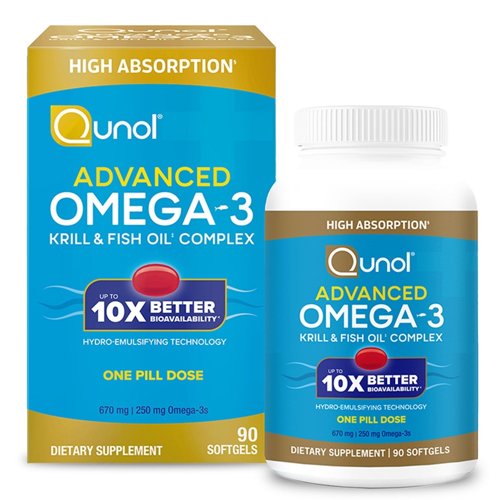 Qunol Advanced Omega 3 Krill ve Fish Oil Kompleksi, 10x Better Bioavailability, One Pill Dose, 250 mg EPA & DHA, Supports Brain, Eye, Heart and Joint Health, 90 Count (Pack of 1)
