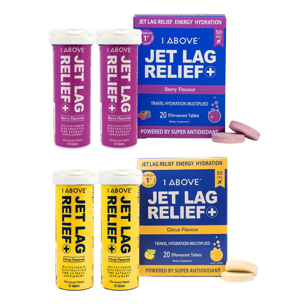 1ABOVE Jet Lag Relief Effervescent Multivitamin with Pycnogenol Travel Supplement for Hydration, Energy, Immune Support and Faster Recovery - Flight Essential - Citrus 20 Count and Berry 20 Count