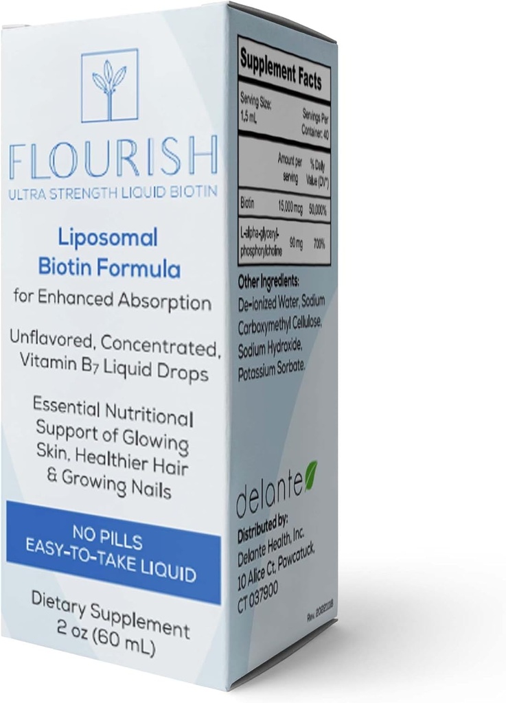 Solace Nutrition - Flourish Biotin Hair, Skin and Nails Vitamins, Liquid Vitamin Supplements with Vitamin B7, Unflavored Hair Growth Supplement, Ultra-Strength Biotin Vitamins, 15,000 mcg, 2fl oz