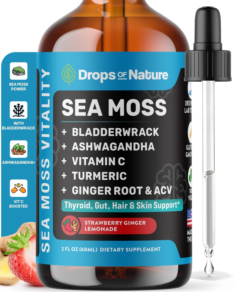 Ashwagandha & Turmeric Liquid Drops - Vitamin C, Sea Moss, Apple Cider Vinegar, Bladderwrack - Vegan Sıvı Ayaklar Kapsamlı Sağlık Desteği ve Vital Immunity (Strawberry Ginger Lemonade, 60mL)