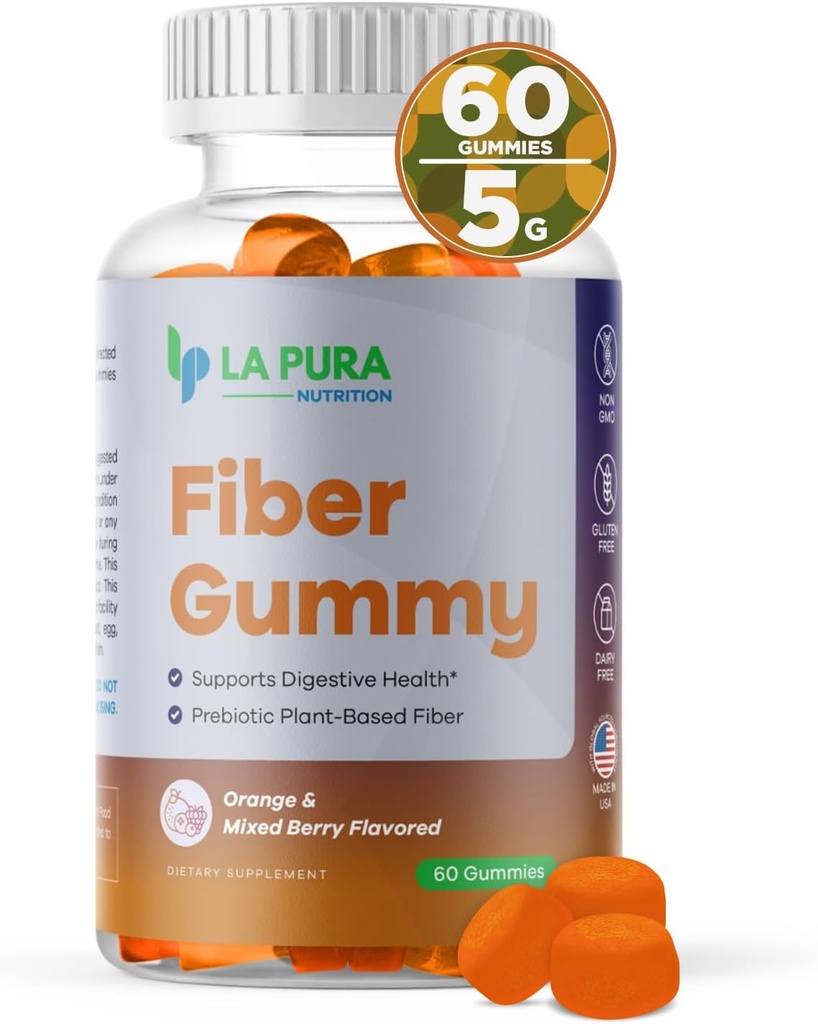 LaPura Prebiotic Chicory Root Fiber Gummy 5g, 60 Gummies - Supports Digestive Health, Prebiotic Plant-Based Fiber Blend - Orange & Mixed Berry Flavor - Non-GMO, Gluten-Free, Made in USA