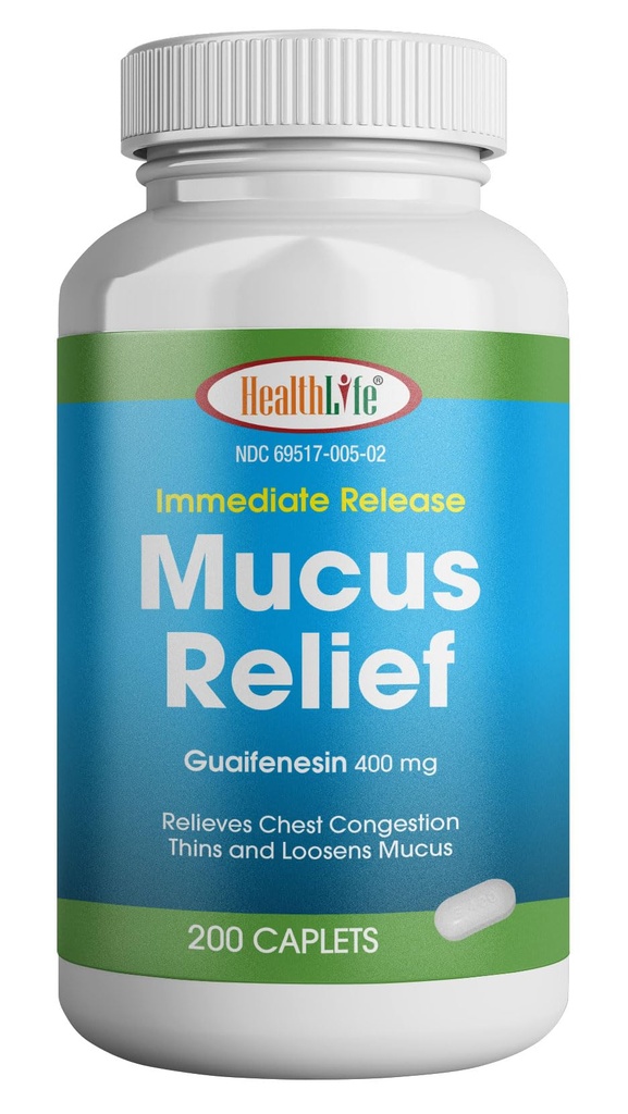 SA LFE Mucus Relief Guaifenesin Caplets 400 mg, Immediate release Fast Acting Waitorant, Thin and Loosens Mucus, Relieves Chest Congestion, Cough, Cold and Flu (Medium, 200 Count)
