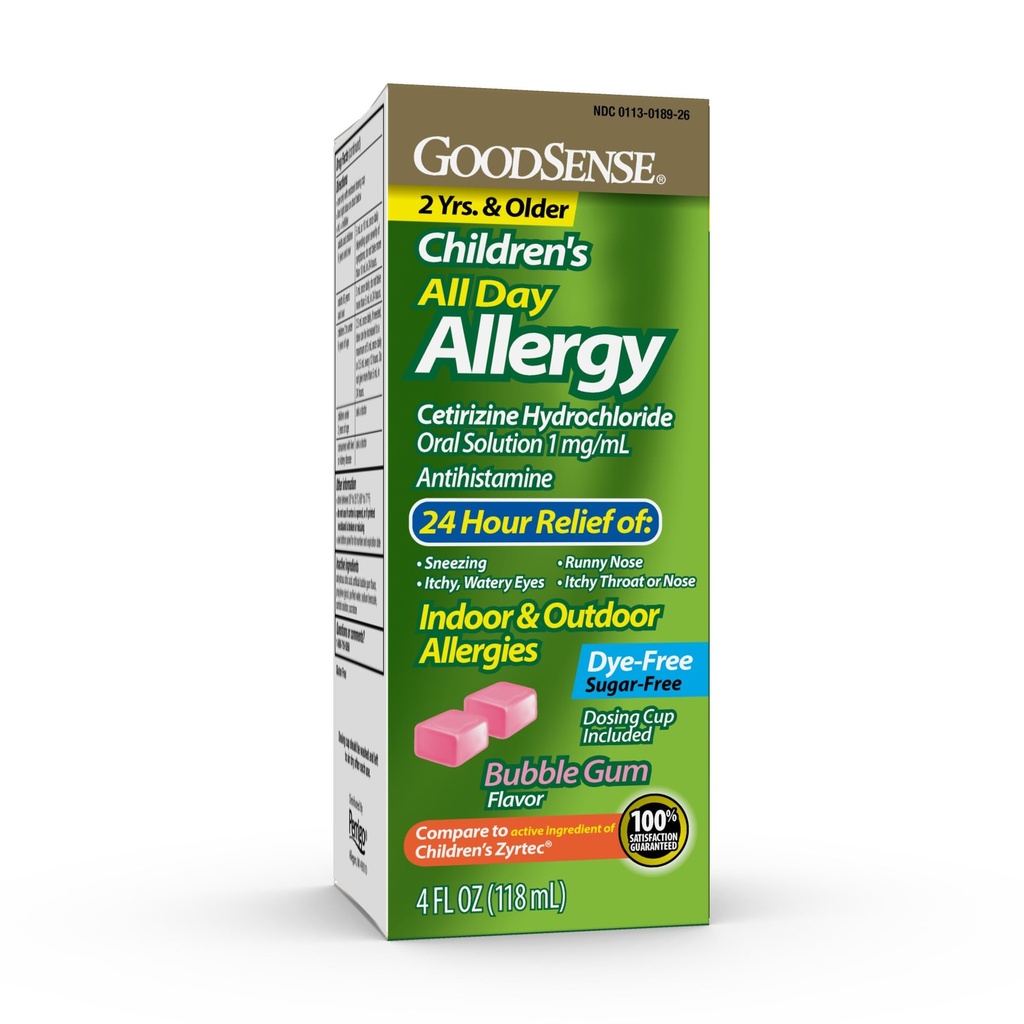 GoodSense Children's All Day Alerji Relief, Cetirizine Oral Oral Çözüm 1 mg/mL, Gum Flavor, Dye Free, Sugar Free, 4 Akışkanlar Ounce
