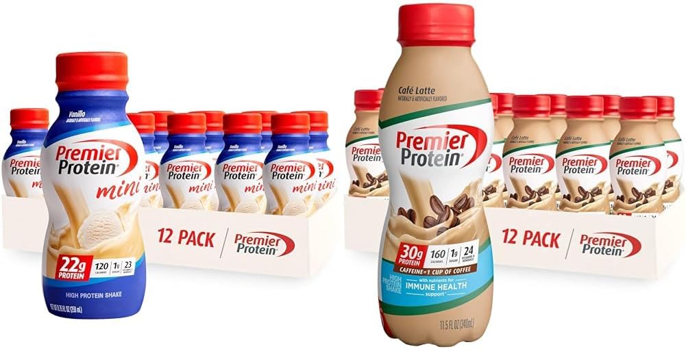 Premier protein Shake MINIs Vanilla 22g protein 120 Calories 12 & Cafe Latte 30g protein 160 Calories Nutrients for Immune Health Pack of 12