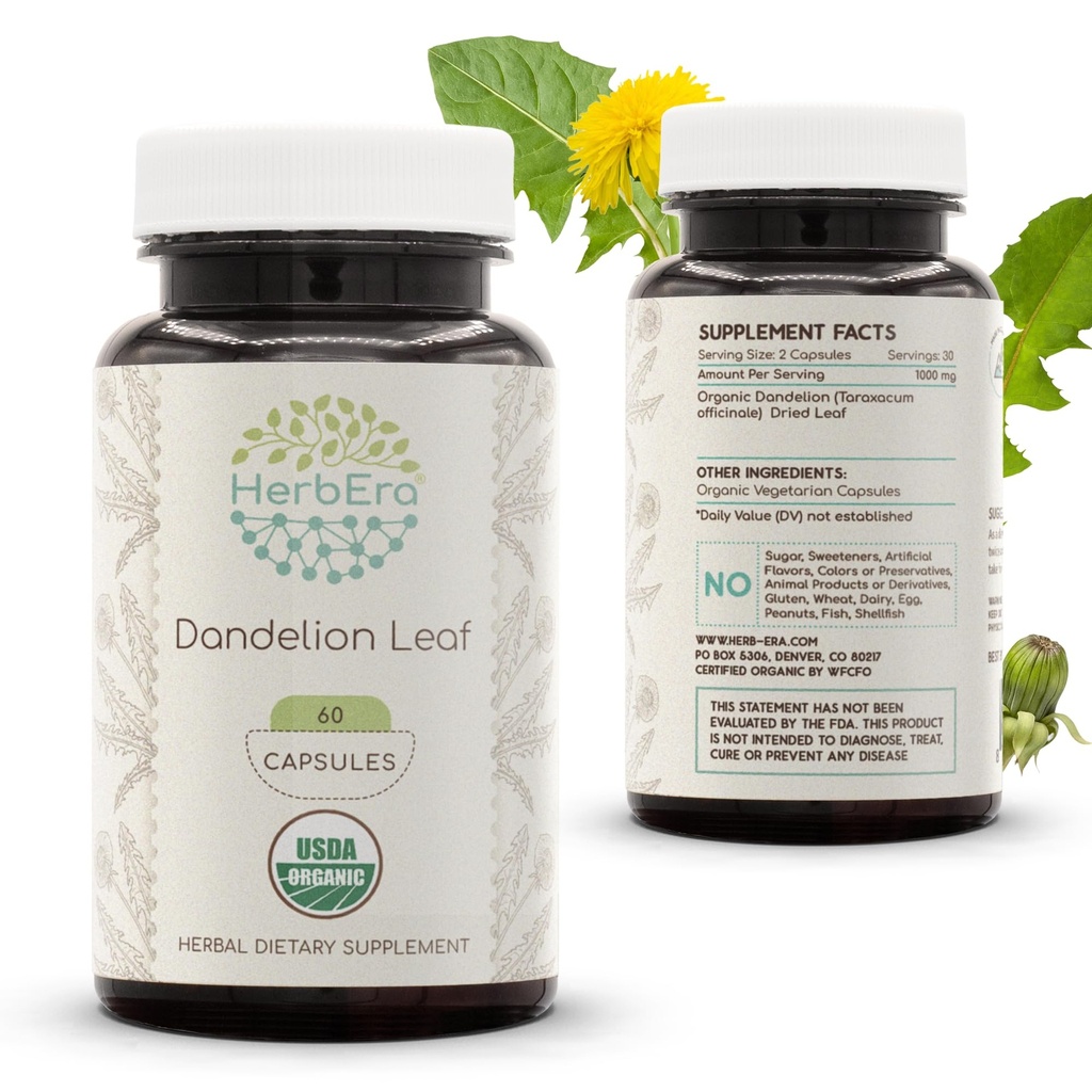 HerbEra Dandelion Leaf USDA Organic 60 Capsules | Natural Herbal Supplement | Sertifikalı Organik Vegetarian Capsules ve Organik Dandelion (Taraxacum Officinale)