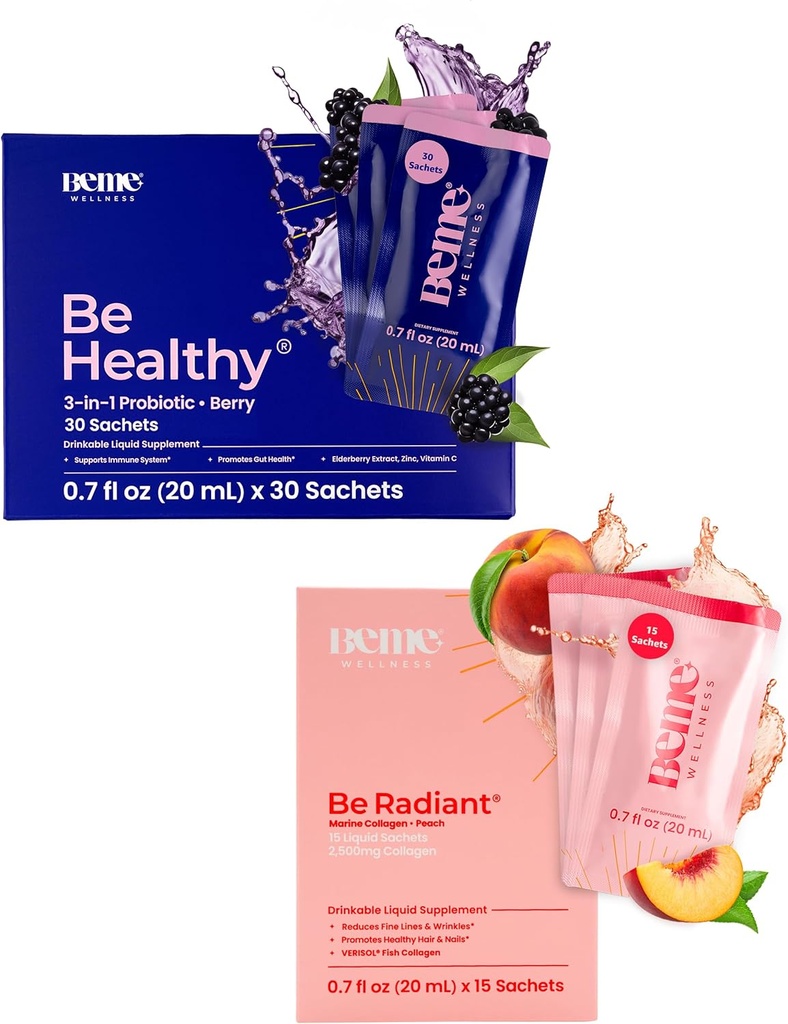 BeMe BeHealthy & BeRadiant Peach Bundle - Liquid Probiotics & Liquid Collagen Drink Supplements