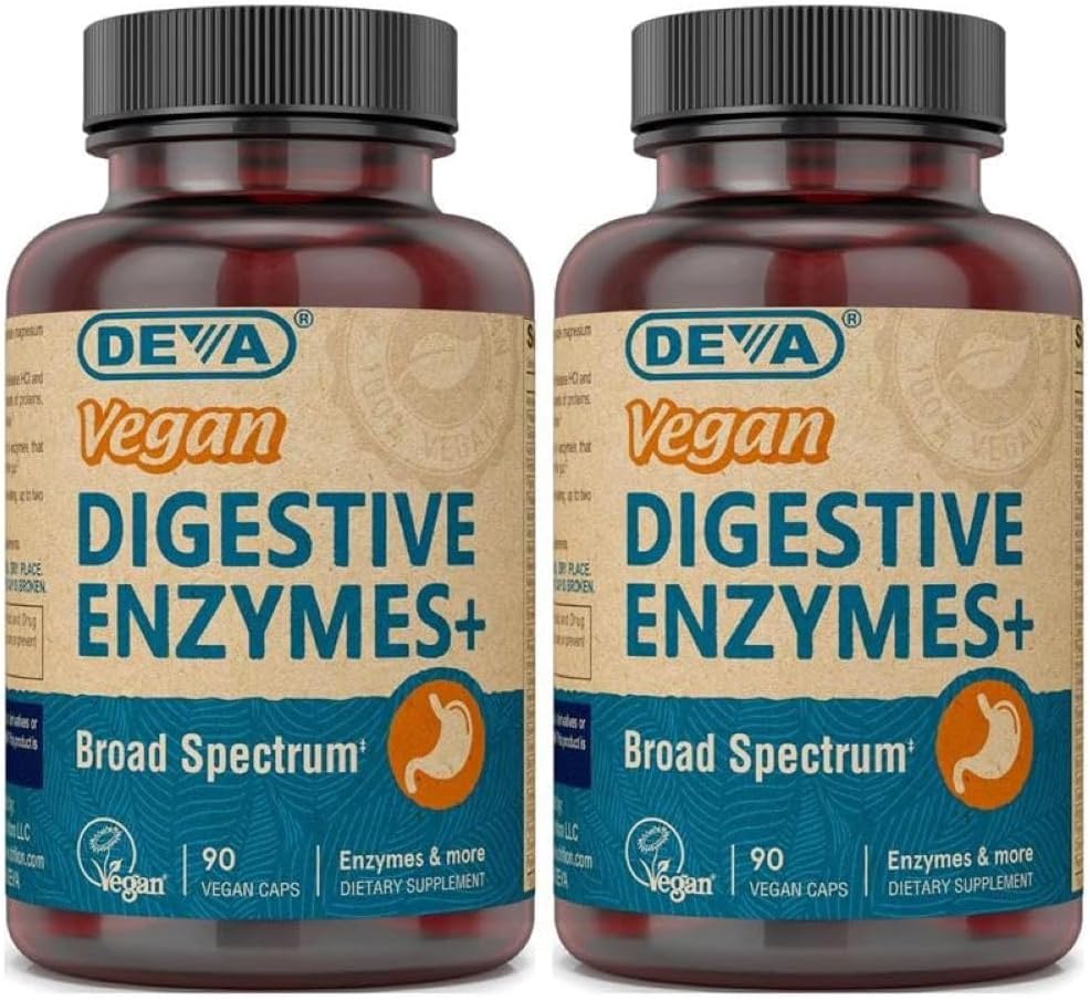 Deva Vegan Vitaminleri Digestive Enzymes Plus Supplement - Enzymes & Herbs'in Benzersiz Biri - 90 Capsules (Pack of 2) Paket Vary