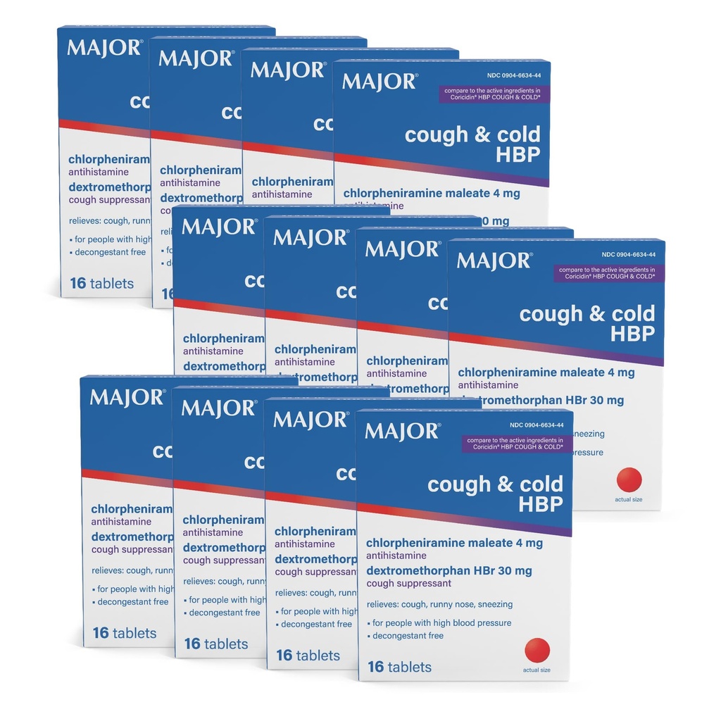 MAJOR Cough ve Cold HBP Tabletleri - Antihistamine ve Cough Suppressant for People with High Blood Pressure - Dextromethorphan HBr, Chlorpheniramine Maleate - 16 Count (12 Pack)