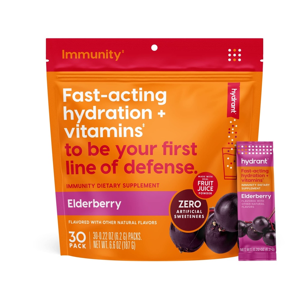 Hydrant - Immunity Electrolyte Toz, Elderberry Flavor, 30 Anında Rehidrasyon Çöp Paketleri - C vitamini, Vitamin D ve Immune Support için çinko