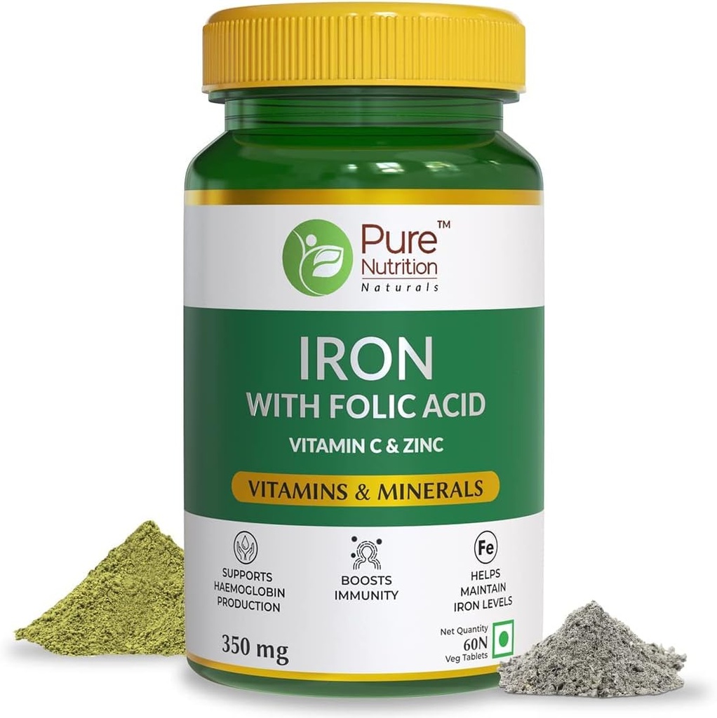 Iron Folic Acid Supplement - 60 Veg Tabletleri çinko, C & Vitamin B12 Erkekler ve Kadınlar için | Destekler Haemoglobin Production, Boosts Immunity & Keeps Iron Levels