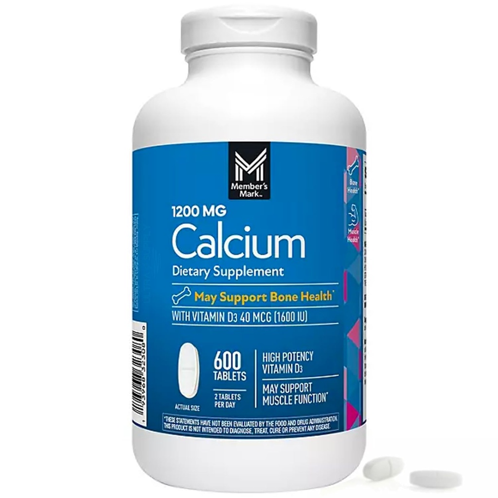 Members Mark Calcium with Vitamin D3 Tablets, 600 ct. - Supports Bone & Muscle Health - High Potency Calcium 1200 mg & Vitamin D3 40 mcg