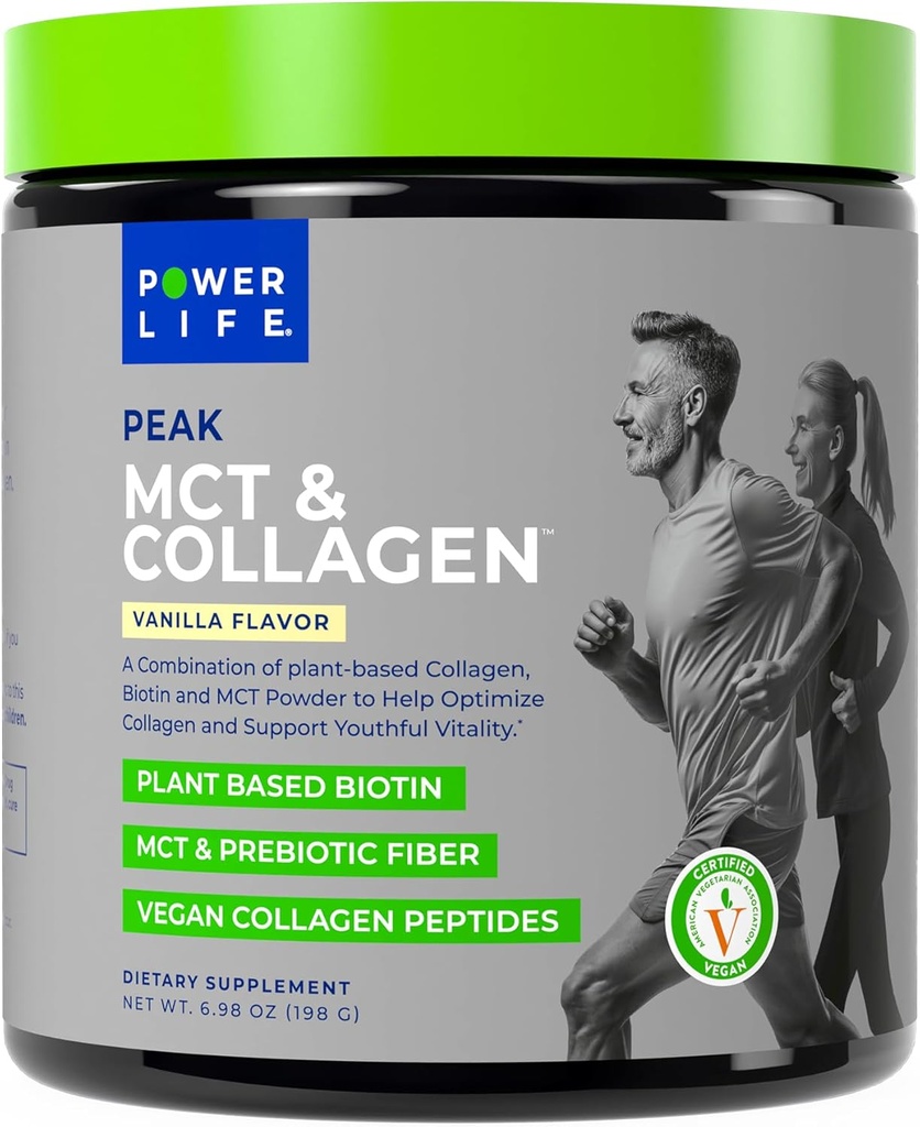Power Life® Peak MCT Toz Supplement with Plant-Based Collagen and Biotin - Vanilla Flavor (30 hizmet)