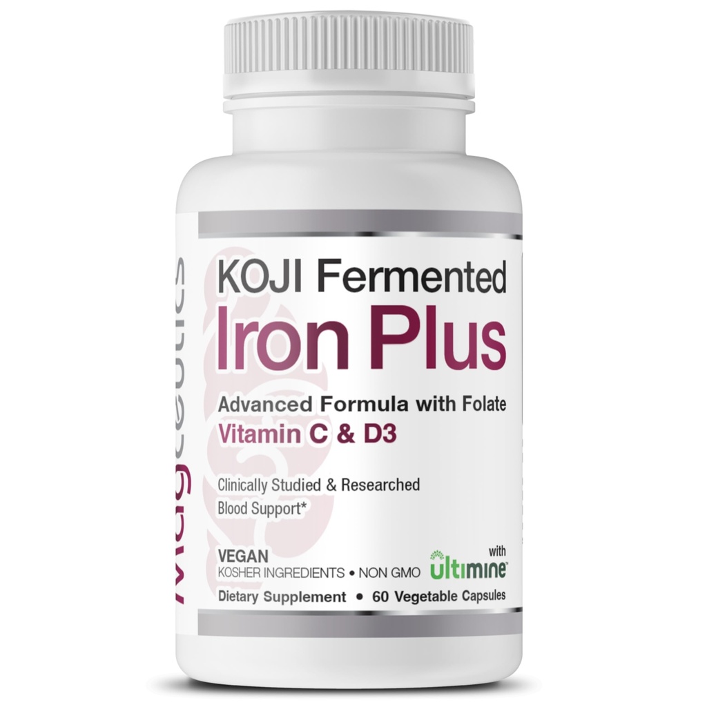 Koji Fermented Iron Plus - Vitamin C, Vitamin D3 ve Folate for Blood Support, Easy Absorbed and Bio available, Stomach Friendly, Vegan, Non-GMO - 60 Capsules