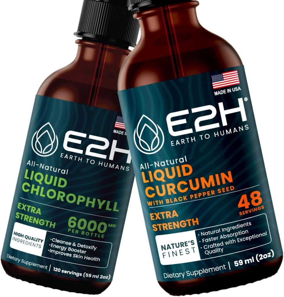 E2H: Sıvı Klorophyll ve Sıvı Turmeric Curcumin | Vegan, Non-GMO - 2 Fl Oz Her (4 Fl Oz Total) - Schen