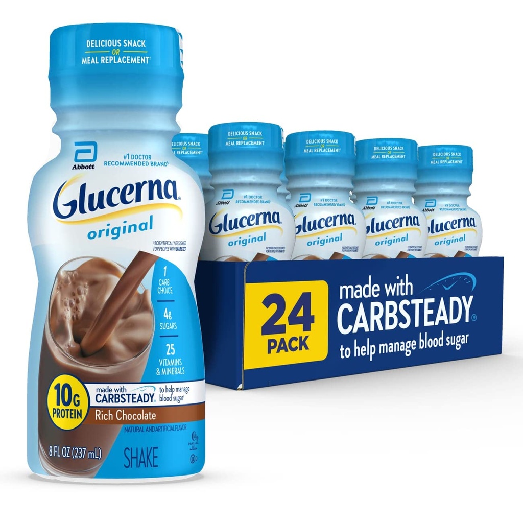 Glucerna Original Care Shake, Rich Chocolate, Diabetic Meal Change to Support Blood Sugar Management, 10g Protein, 180 Calories, içmeye hazır, 8-fl-oz Şişe, 24 Pack