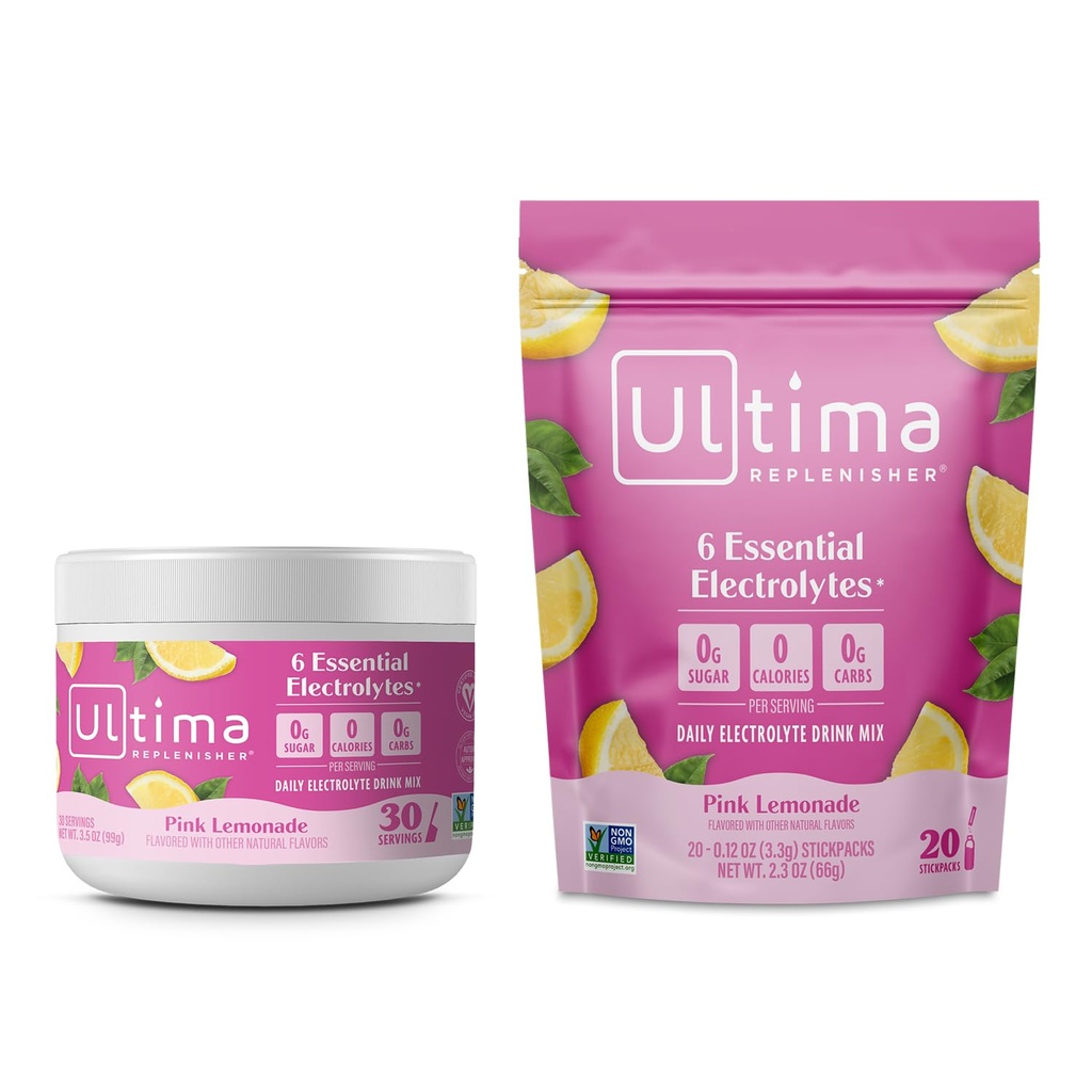 Ultima Replenisher Electrolyte Toz İçecek Mix Sche – Sugar Free – Pink Lemonade, 30 Canister ve 20 Stickpacks – 6 Electrolytes and Minerals – Keto Friendly, Vegan, Non-GMOMO