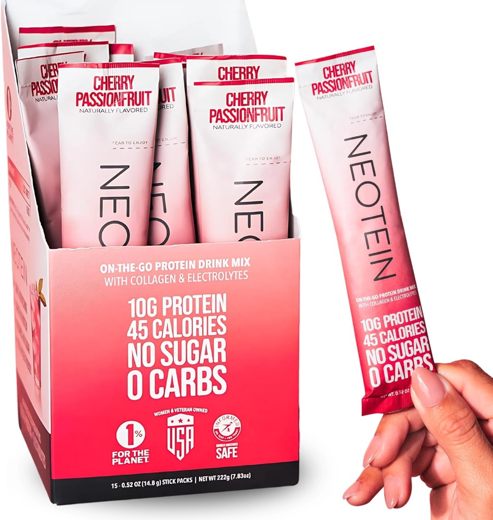 NEOTEIN: Elektrolyte Toz Paketleri, Protein Toz 10g protein & Collagen | Hydration Packets - Zero Sugar, NO Fillers, NO Carbs | Cherry Passionproduct | 45 Calories | Hua & Paleo | 15 Paket