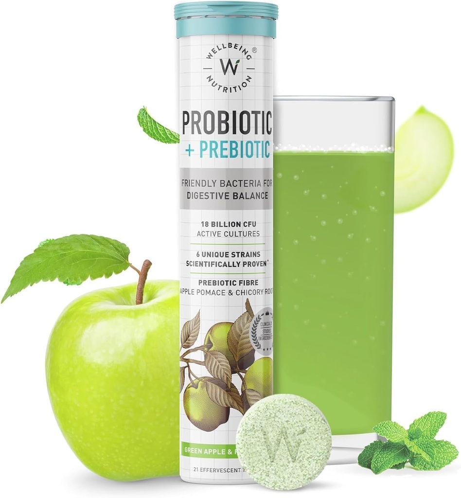 Beslenme Beslenme Günlük Probiyotikleri + Prebiyotikler | Metabolism, asitlik Yardımı, Digestion & Gut Health | 18 Milyar CFU Organik Probiyotikler Erkekler ve Kadınlar için Tamam (Effervescent Tabs)