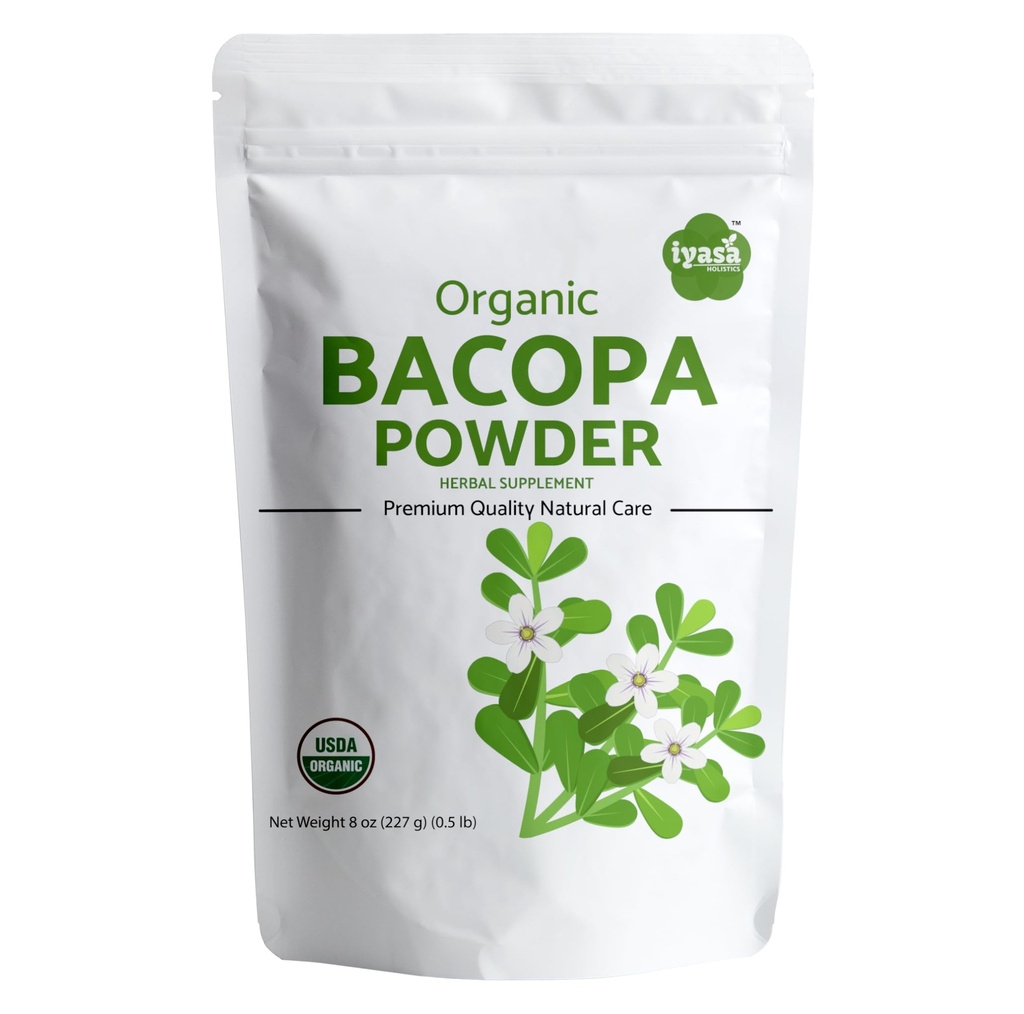 Iyasa Holistics Organic Bacopa Powder 8 oz - Bacopa Monnieri Powder Brahmi Supplements USDA Certified Ayurveda Superfood Powder, Hair Growth & Brain Tonic