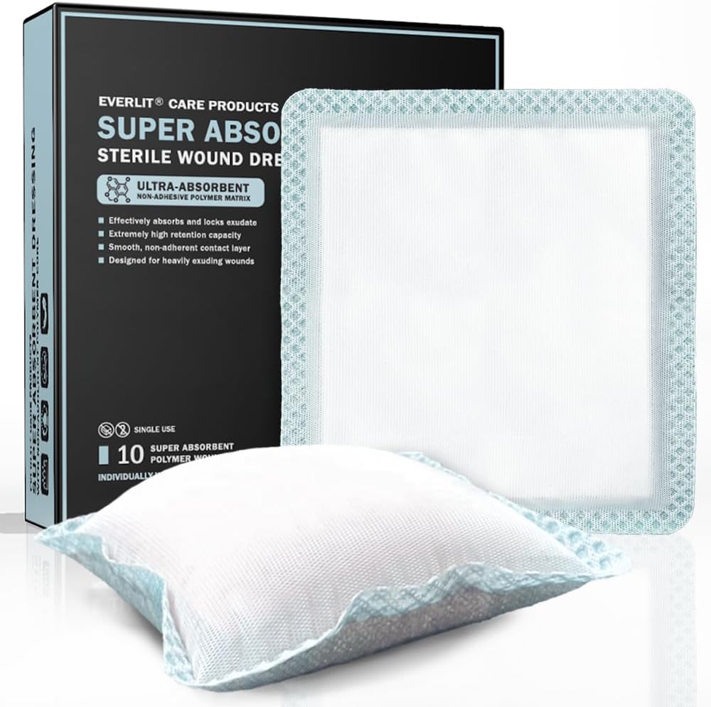 EVERLIT Super Absorbent, Yara Bakımı için giyinmek | Heavily Exuding Yaraları için Doğru Yumuşak Cerrahi Gauze Pad | Büyük Sterile Non-Adhesive Bandage for Fast Healing Yara Care | Pack of 10 (6" x 6")