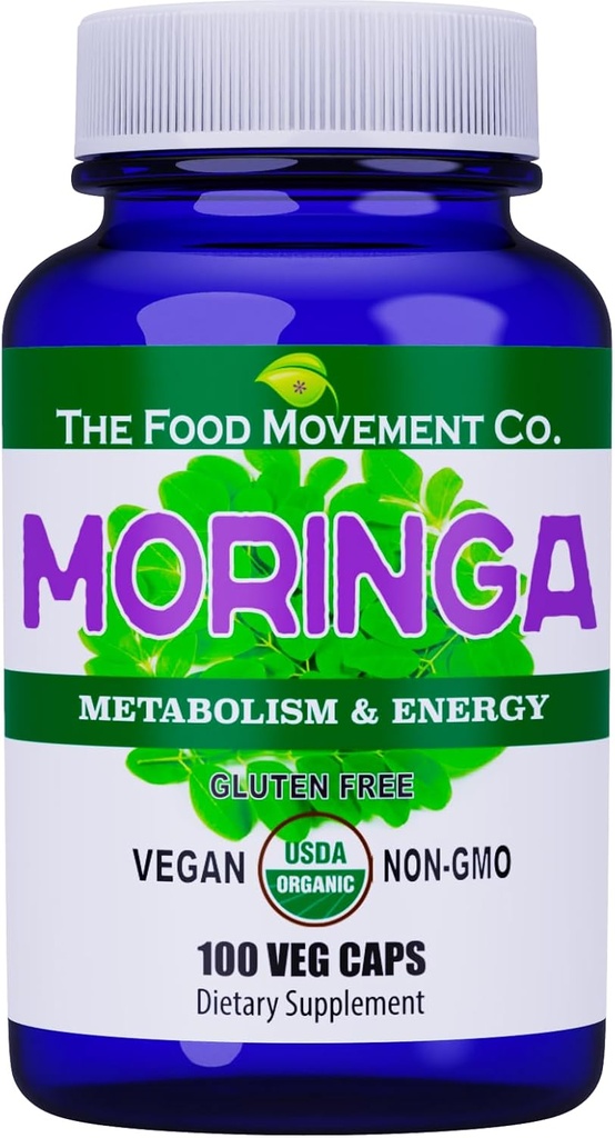 Gıda Hareketi CO. Moringa - sertifikalı Organik Superfood, Whole Body Wellness, Doğal Enerji Desteği, Sağlıklı Metabolism - 100 Vegan Capsules