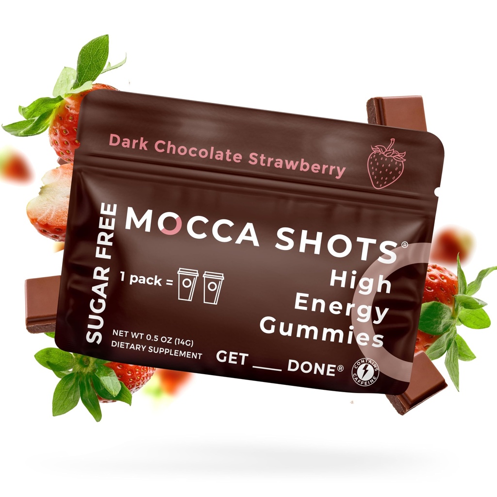 SGC, Ginkgo biloba ile 100 mg Caffeine, Paket başına 2 Gummies, 6-Pack Mocca Shots Sugar-Free Strawberry Plant-Based nootropic Instant Energy with Ginkgo biloba, Theobromine.