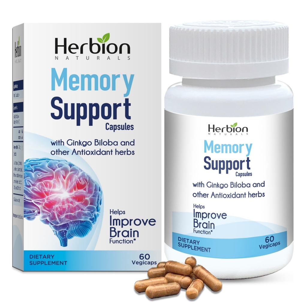 HERBION Naturals Memory Support Capsules, Beyin Fonksiyonlarını ve Absent Mindedness'i iyileştirmeye yardımcı olur, Ginkgo Biloba ile Sağlıklı Mood Seviyeleri koruyun, Yetişkinler için 60, Sayı 1