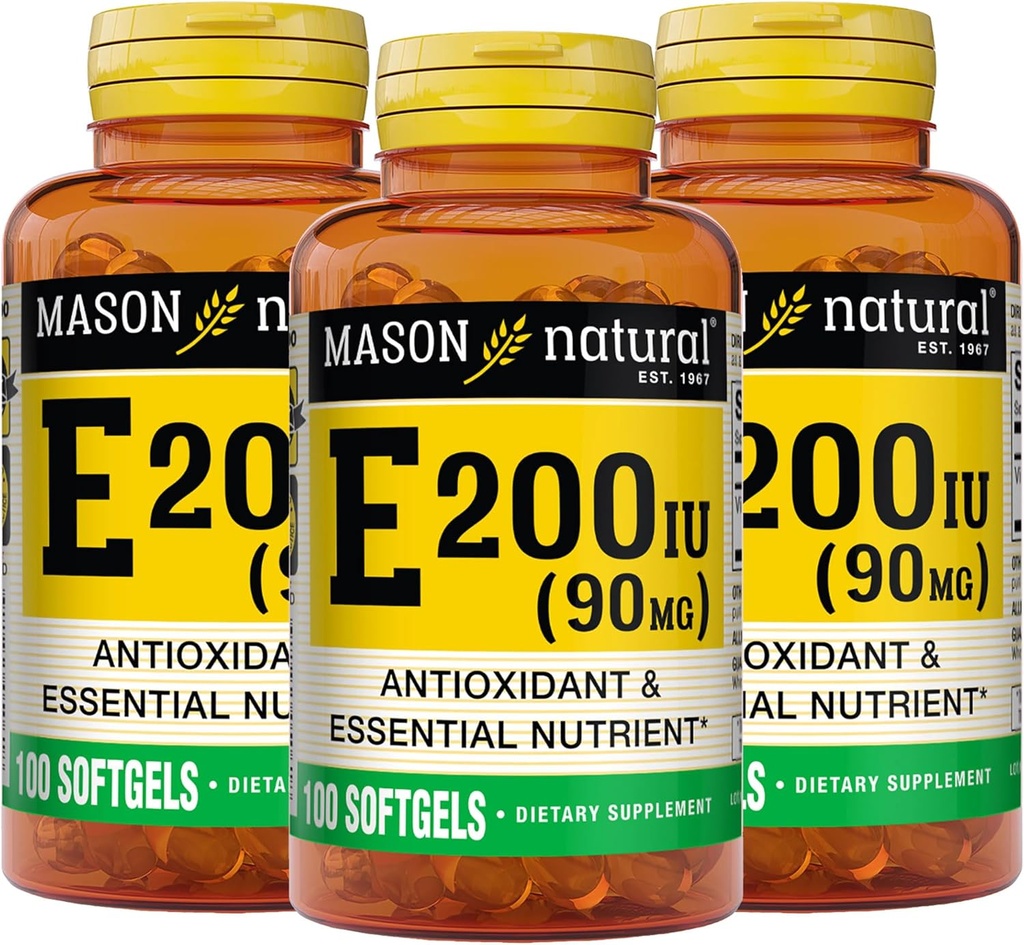 MASON NATURAL Vitamin E 90 mg (200 IU) - Antioksi ve Essential Nutrient, Sağlıklı Immune System, Skin ve Eyes, Whole Body Supplement, 100 Softgels (Pack of 3)