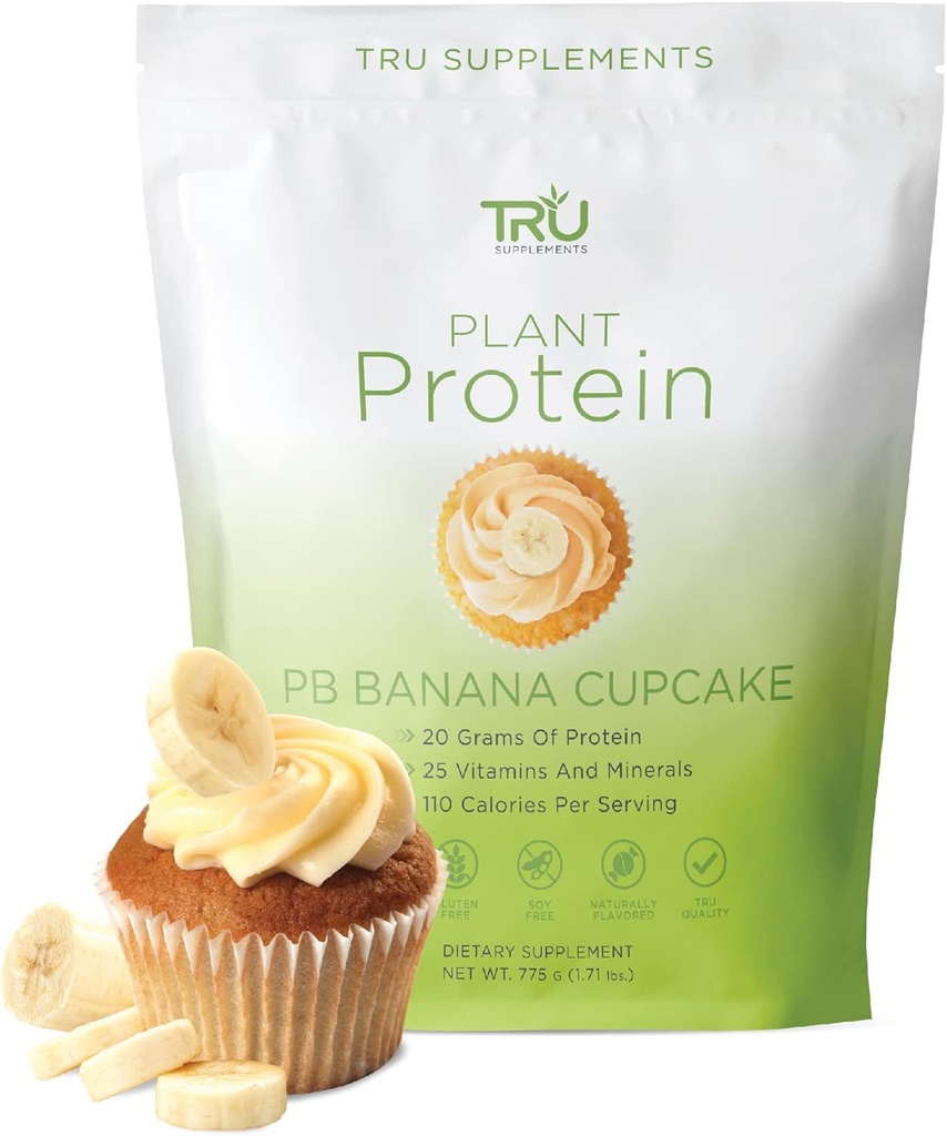 TRU Plant Temel Protein Toz, BCAA, EAA, 20g Vegan Brown Rice & Pea Protein, 100 Calories, 27 Vitamin, Yapay Flavors 25 Hizmet (Peanut Butter Banana Cupcake)