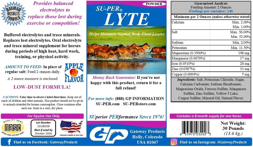 SU-PER Lyte Horse Electrolyte Supplement - Normal Vücut Akış Seviyelerini Korumaya Yardımcı Olun - Performans At Mineralleri ve Elektrolytes Değiştirme - 30 Pound, 8 Ay Supply