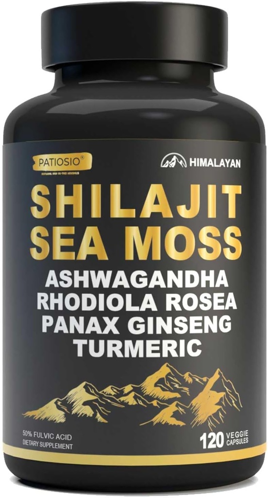 Erkekler için Shilajit Capsules -% 50 Fulvic asit, 85+ Trace Minerals Pure Himalayan, Shilajit Wear Extract with Sea Moss, Ashwagandha-for Energy, Stamina -120 Capsules