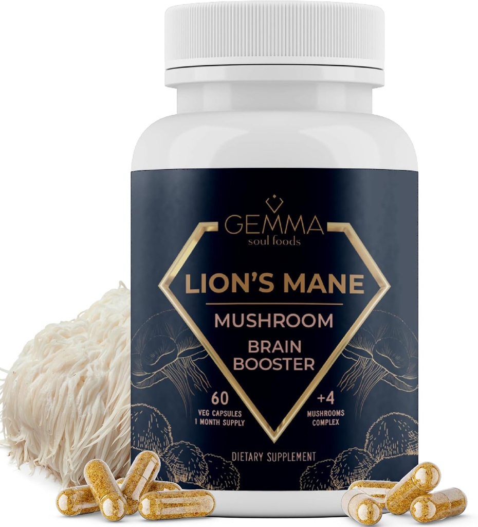 Gemma Soul Foods Organic Lion's Mane Mushroom Kompleksi - Non-GMO Lions Mane Supplement Non Tropic Chaga Shiitake and Reishi Focus Supplement 60 Caps