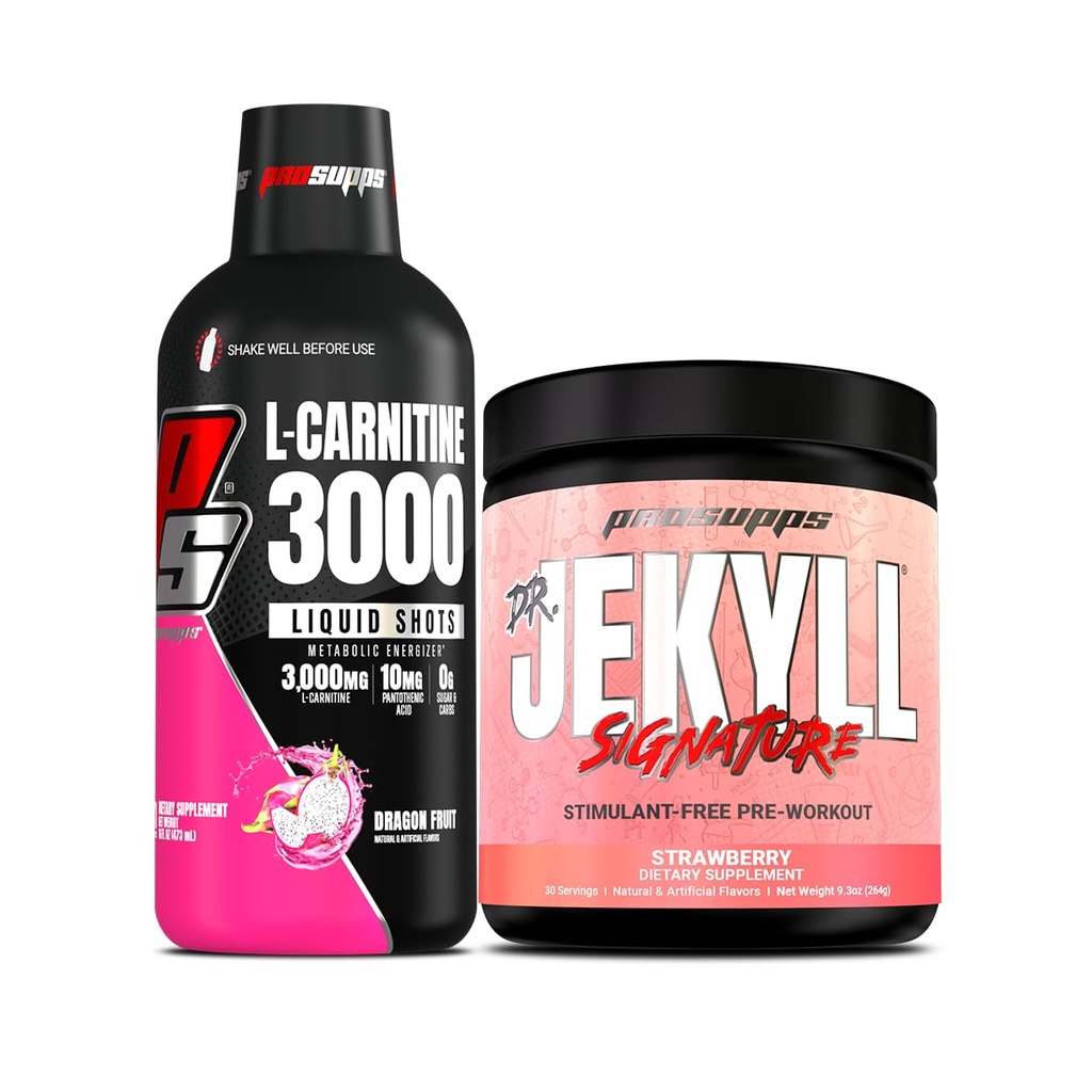PROSUPPS L-Carnitine 3000 Stimulant Ücretsiz Sıvı Shots (31 Hizmet, Ejderha Meyvesi) ve Bay Hyde Signature Series Pre-Workout Energy Tozed Drink (30 hizmet, Strawberry)