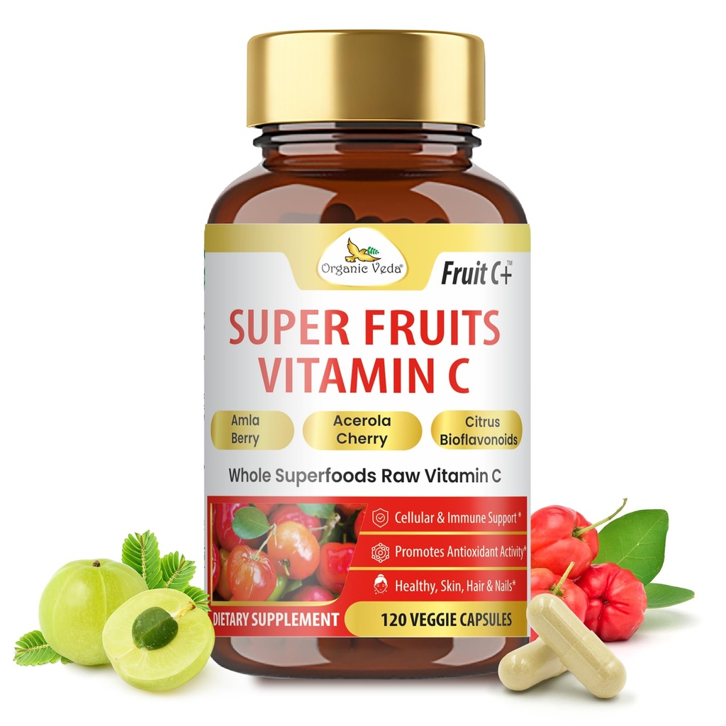 Organik Veda Supertres Vitamin C Capsule with Acerola Cherry & Amla Berry - Tüm Gıda Doğal Vitamin C Supplement with Citrus Bioflavonoids for Immunity, Cellular & Skin Health - 120 Vegan Pills