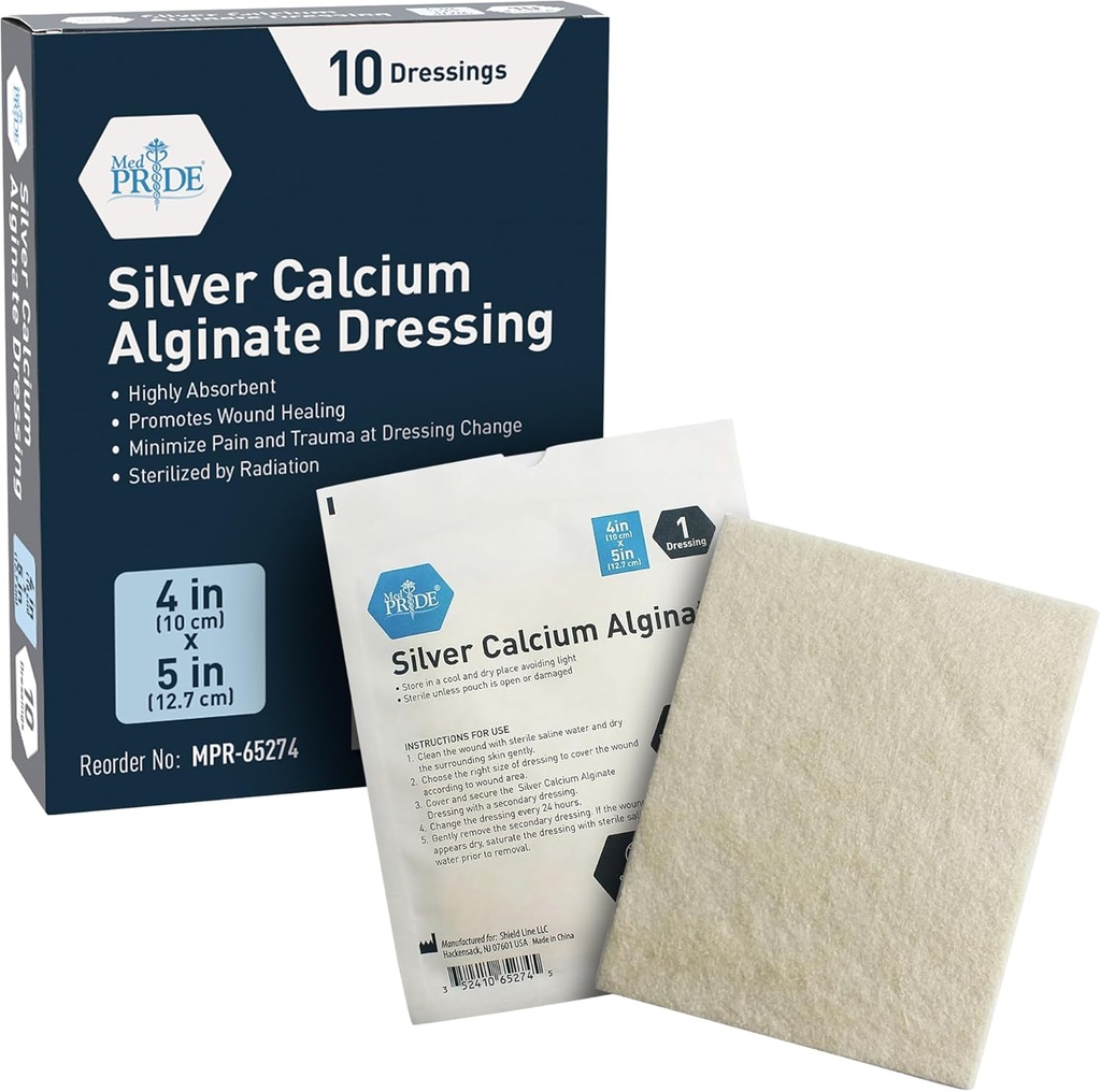 MED PRIDE Silveruba Alginate Yara Giymek, 10Pack | Highly Absorbent, Nonstick, Seaweed, Easy Removal (4' x 5' Silver)