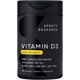 Spor Araştırmaları D3 2000 IU with Coconut MCT Oil - Çift Güç Vitamini D Supplement - Non-GMO Doğrulanmış, Gluten & Soy Free - 50mcg, 360 Sıvı Yumuşakgels